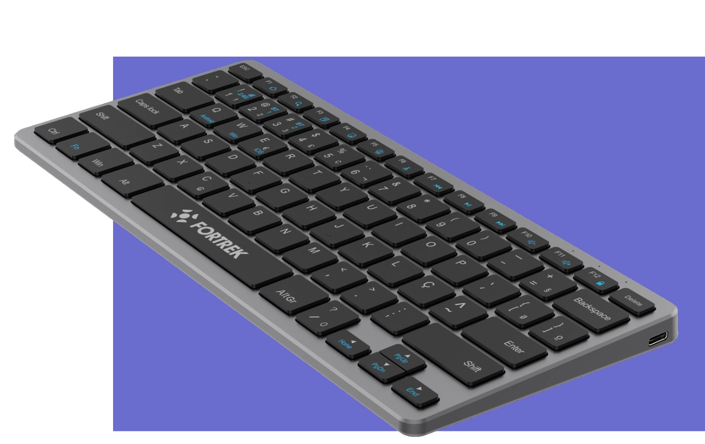 Teclado Bluetooth Compact KB11 na diagonal de cima para baixo com fundo roxo