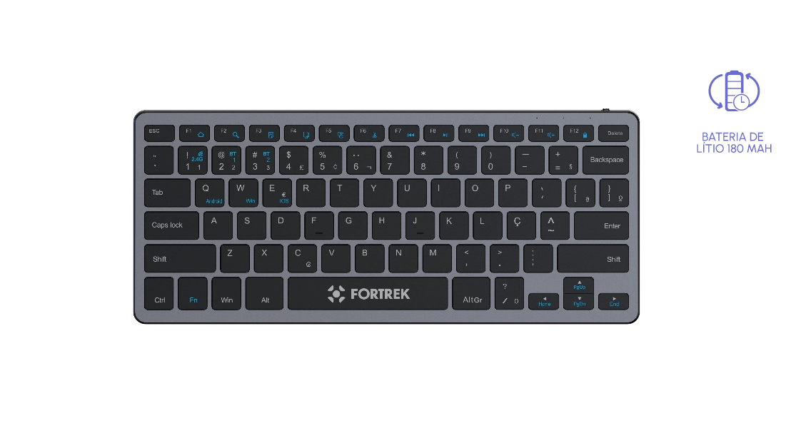 Teclado Bluetooth Compact KB11 visão frontal com fundo roxo e ícones