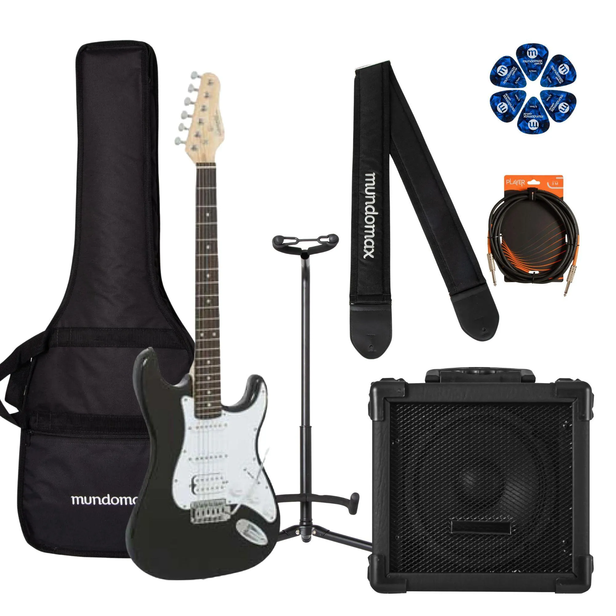 Kit Guitarra Giannini G-101 Strato 1H2S Preta + Cubo + Acessórios por 1.459,00 à vista no boleto/pix ou parcele em até 12x sem juros. Compre na loja Mundomax!