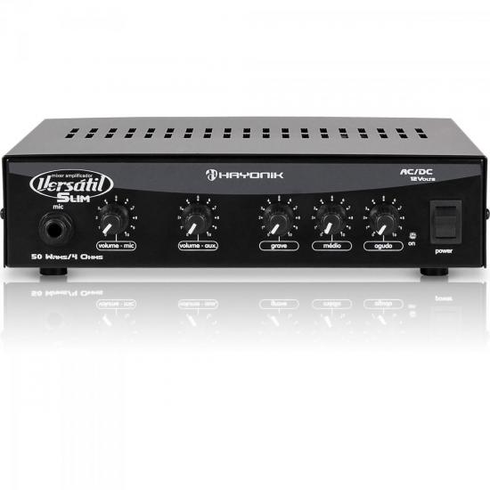 Amplificador 50W VERSATIL SLIM MONO 12V Preto HAYONIK por 0,00 à vista no boleto/pix ou parcele em até 1x sem juros. Compre na loja Mundomax!