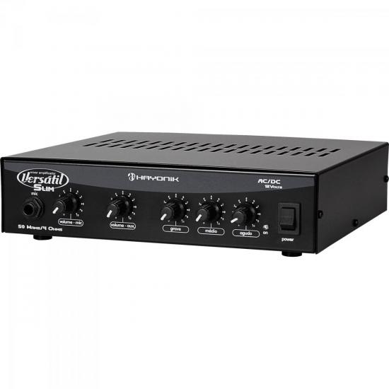 Amplificador 50W VERSATIL SLIM MONO 12V Preto HAYONIK por 0,00 à vista no boleto/pix ou parcele em até 1x sem juros. Compre na loja Mundomax!