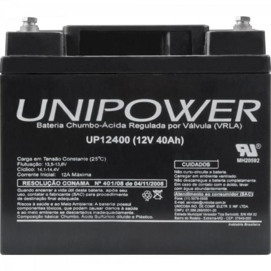 Bateria Selada UP12400 12V/40A UNIPOWER por 0,00 à vista no boleto/pix ou parcele em até 1x sem juros. Compre na loja Mundomax!