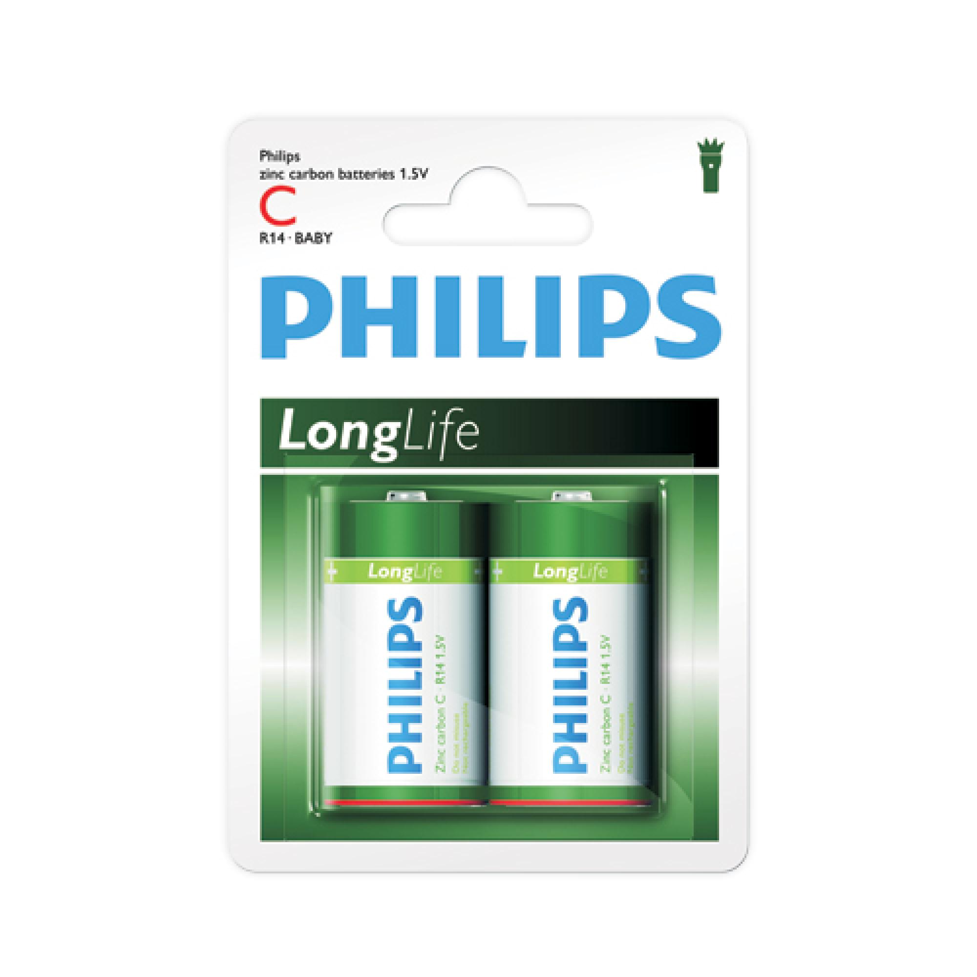 Pilha Zinco Carbono C (média) 1,5V R14L2B/97 c/2 PHILIPS - Mundomax