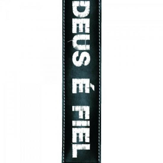 Correia Para Guitarra \"Deus é Fiél\" com Ponteiras em Couro SF86 Preta por 0,00 à vista no boleto/pix ou parcele em até 1x sem juros. Compre na loja Mundomax!