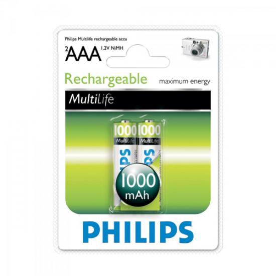 Pilha Recarregável com 2 AAA 1,2V 1000mAh NiMh PHILIPS por 0,00 à vista no boleto/pix ou parcele em até 1x sem juros. Compre na loja Mundomax!