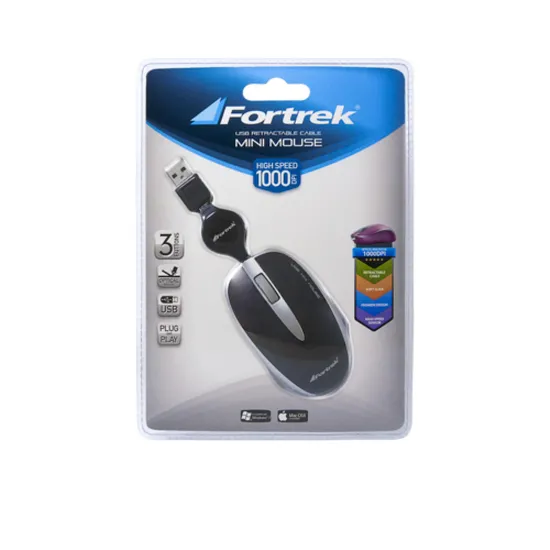 Mouse Óptico Retrátil USB 1000dpi MM-301 Preto FORTREK (38542)