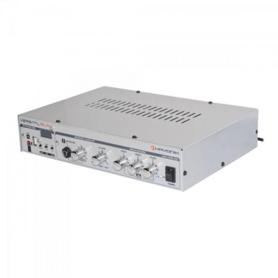 Amplificador 50W VERSATIL SLIM USB 70V Prata HAYONIK por 0,00 à vista no boleto/pix ou parcele em até 1x sem juros. Compre na loja Mundomax!