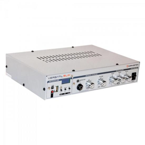 Amplificador 50W VERSATIL SLIM USB 70V Prata HAYONIK por 0,00 à vista no boleto/pix ou parcele em até 1x sem juros. Compre na loja Mundomax!