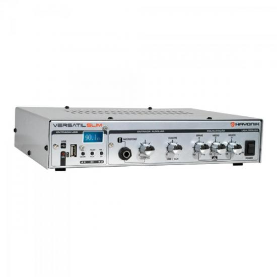 Amplificador 50W VERSATIL SLIM USB 70V Prata HAYONIK por 0,00 à vista no boleto/pix ou parcele em até 1x sem juros. Compre na loja Mundomax!