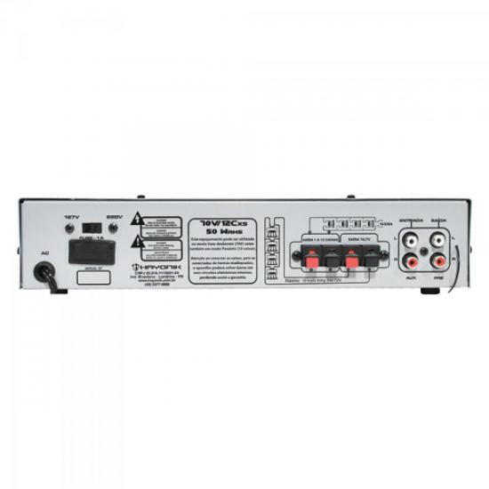 Amplificador 50W VERSATIL SLIM USB 70V Prata HAYONIK por 0,00 à vista no boleto/pix ou parcele em até 1x sem juros. Compre na loja Mundomax!