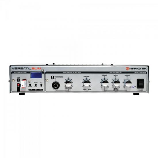 Amplificador 50W VERSATIL SLIM USB 70V Prata HAYONIK por 0,00 à vista no boleto/pix ou parcele em até 1x sem juros. Compre na loja Mundomax!