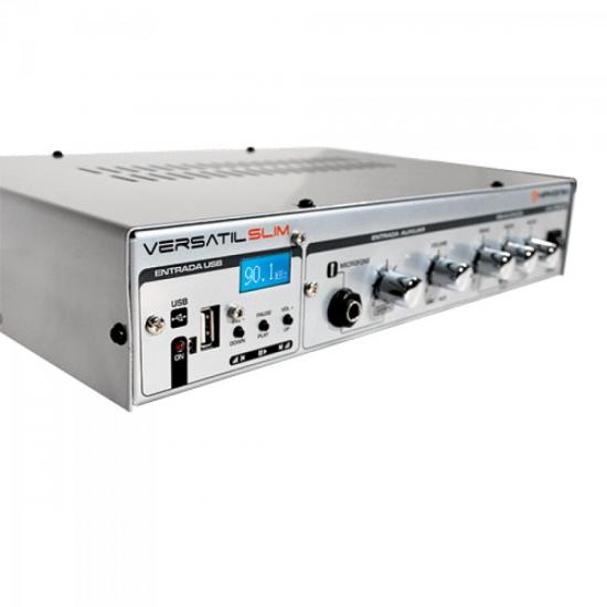 Amplificador 50W VERSATIL SLIM USB 70V Prata HAYONIK por 0,00 à vista no boleto/pix ou parcele em até 1x sem juros. Compre na loja Mundomax!