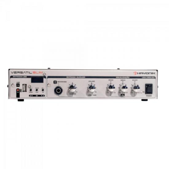 Amplificador 50W VERSATIL SLIM USB 70V Prata HAYONIK por 0,00 à vista no boleto/pix ou parcele em até 1x sem juros. Compre na loja Mundomax!