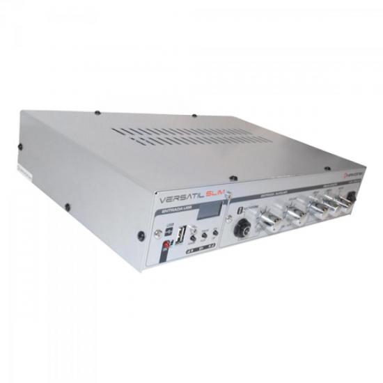 Amplificador 50W VERSATIL SLIM USB 70V Prata HAYONIK por 0,00 à vista no boleto/pix ou parcele em até 1x sem juros. Compre na loja Mundomax!