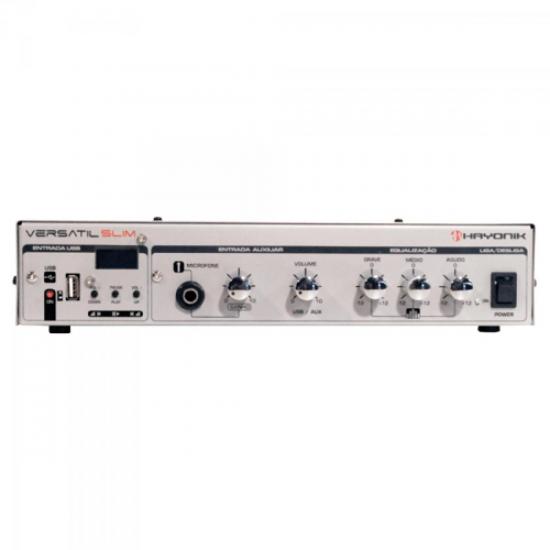 Amplificador 50W VERSATIL SLIM USB 12V Prata HAYONIK por 0,00 à vista no boleto/pix ou parcele em até 1x sem juros. Compre na loja Mundomax!