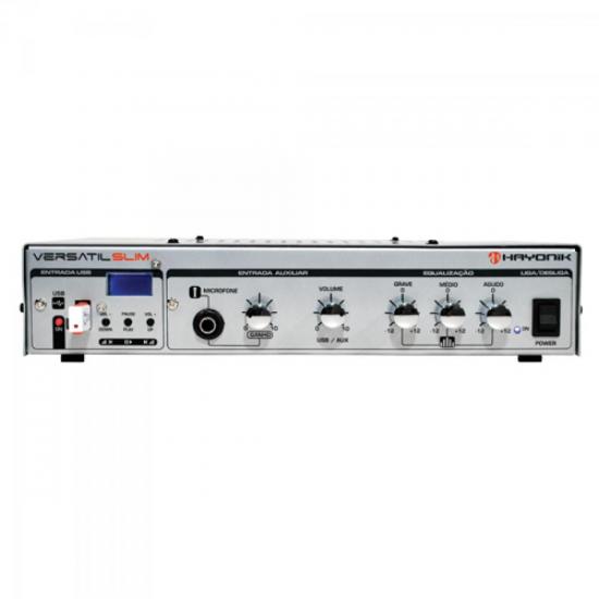Amplificador 50W VERSATIL SLIM USB 12V Prata HAYONIK por 0,00 à vista no boleto/pix ou parcele em até 1x sem juros. Compre na loja Mundomax!
