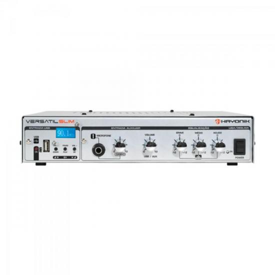 Amplificador 50W VERSATIL SLIM USB 12V Prata HAYONIK por 0,00 à vista no boleto/pix ou parcele em até 1x sem juros. Compre na loja Mundomax!