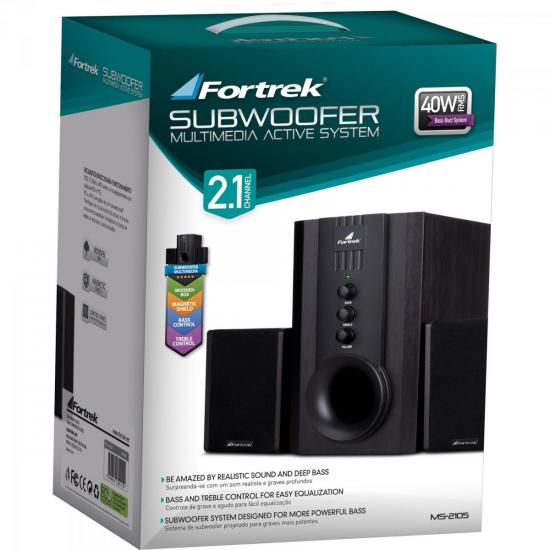 Caixa Multimídia 2.1 40W RMS MS2105 Bivolt Marrom FORTREK por 0,00 à vista no boleto/pix ou parcele em até 1x sem juros. Compre na loja Mundomax!