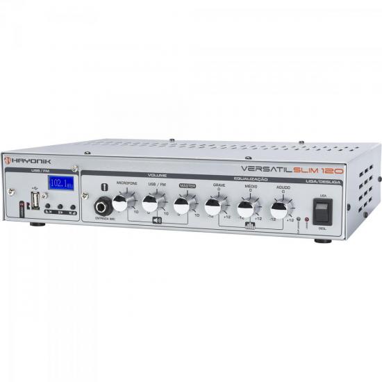 Amplificador 100W VERSATIL SLIM 120 Prata HAYONIK por 0,00 à vista no boleto/pix ou parcele em até 1x sem juros. Compre na loja Mundomax!