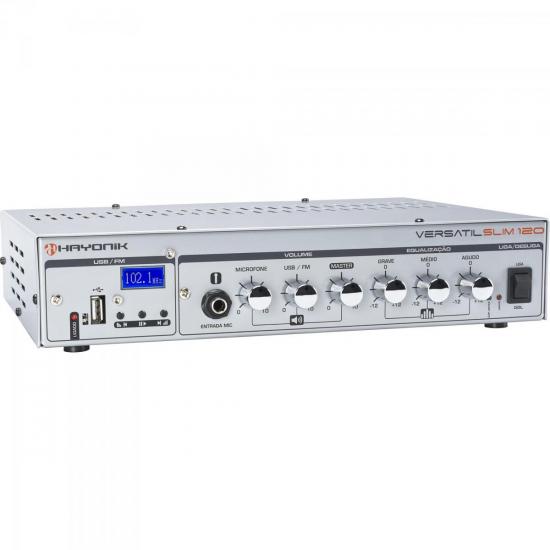 Amplificador 100W VERSATIL SLIM 120 Prata HAYONIK por 0,00 à vista no boleto/pix ou parcele em até 1x sem juros. Compre na loja Mundomax!