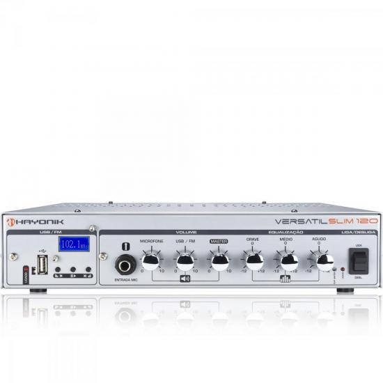 Amplificador 100W VERSATIL SLIM 120 Prata HAYONIK por 0,00 à vista no boleto/pix ou parcele em até 1x sem juros. Compre na loja Mundomax!