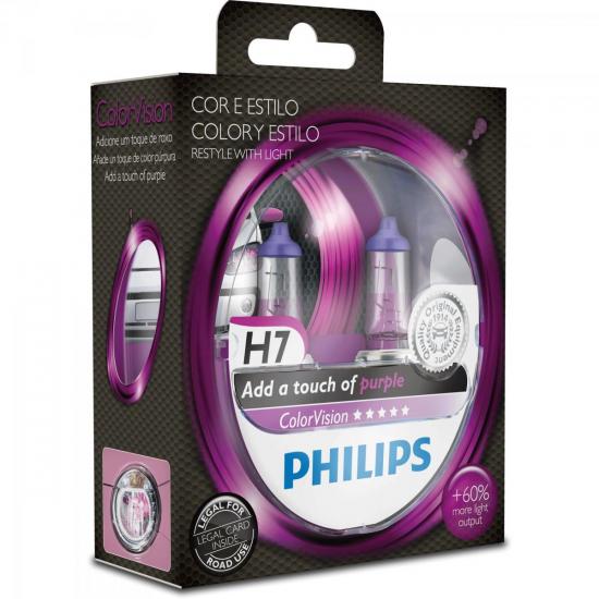 Lâmpada COLORVISION H7 55W 12V 60% Mais Luz Lilas PHILIPS por 0,00 à vista no boleto/pix ou parcele em até 1x sem juros. Compre na loja Mundomax!