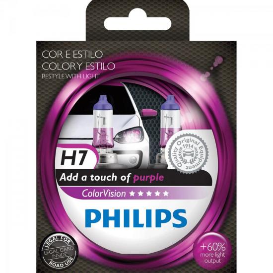 Lâmpada COLORVISION H7 55W 12V 60% Mais Luz Lilas PHILIPS por 0,00 à vista no boleto/pix ou parcele em até 1x sem juros. Compre na loja Mundomax!