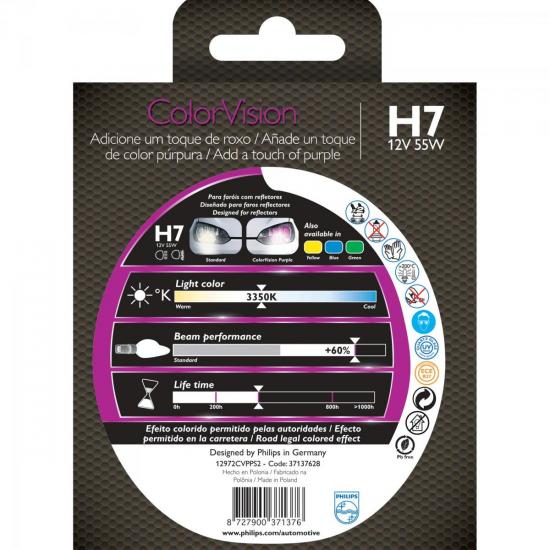 Lâmpada COLORVISION H7 55W 12V 60% Mais Luz Lilas PHILIPS por 0,00 à vista no boleto/pix ou parcele em até 1x sem juros. Compre na loja Mundomax!