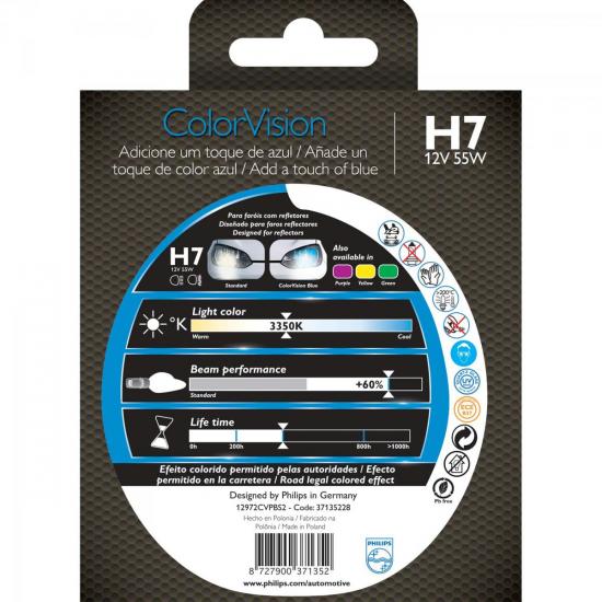 Lâmpada COLORVISION H7 55W 12V 60% Mais Luz Azul por 0,00 à vista no boleto/pix ou parcele em até 1x sem juros. Compre na loja Mundomax!
