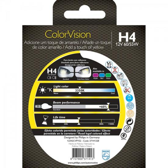 Lâmpada COLORVISION H4 55W 12V 60% Mais Luz Amarela por 0,00 à vista no boleto/pix ou parcele em até 1x sem juros. Compre na loja Mundomax!