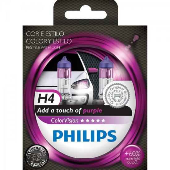 Lâmpada COLORVISION H4 55W 12V 60% Mais Luz Lilas por 0,00 à vista no boleto/pix ou parcele em até 1x sem juros. Compre na loja Mundomax!