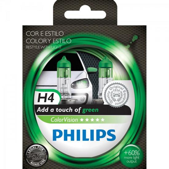 Lâmpada COLORVISION H4 55W 12V 60% Mais Luz Verde PHILIPS por 0,00 à vista no boleto/pix ou parcele em até 1x sem juros. Compre na loja Mundomax!