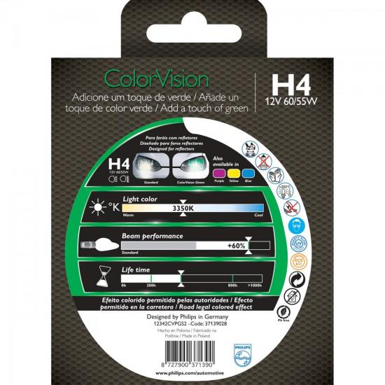 Lâmpada COLORVISION H4 55W 12V 60% Mais Luz Verde PHILIPS por 0,00 à vista no boleto/pix ou parcele em até 1x sem juros. Compre na loja Mundomax!