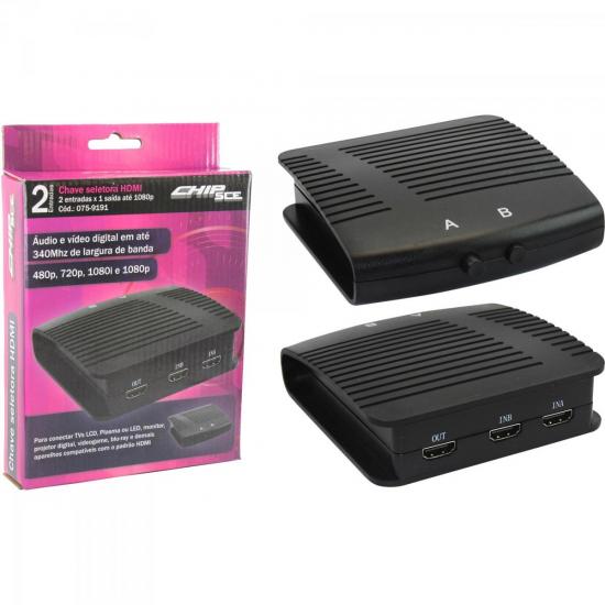 Chave Seletora HDMI 2 Entradas 1 Saída Preto CHIP SCE por 0,00 à vista no boleto/pix ou parcele em até 1x sem juros. Compre na loja Mundomax!