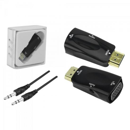 Plug Conversor HDMI x VGA com Saída R+L Preto CHIP SCE por 0,00 à vista no boleto/pix ou parcele em até 1x sem juros. Compre na loja Mundomax!