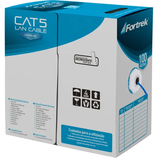Cabo de Rede CAT5 CAT-103/100BL Azul FORTREK por 0,00 à vista no boleto/pix ou parcele em até 1x sem juros. Compre na loja Mundomax!