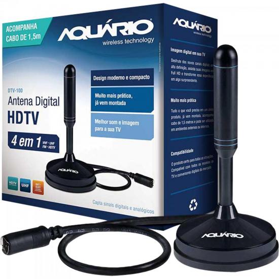 Antena Digital VHF/UHF/FM/HDTV Cabo 1,5m DTV-100 AQUARIO por 0,00 à vista no boleto/pix ou parcele em até 1x sem juros. Compre na loja Mundomax!