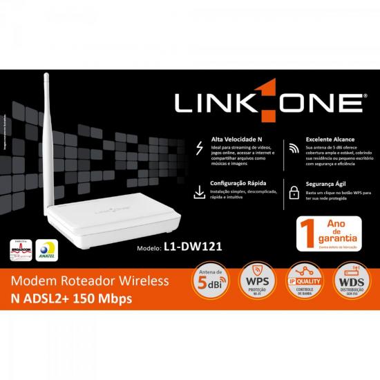 Modem Roteador Wireless ADSL2+ 150Mbps L1-DW121 Branco LINK ONE por 149,99 à vista no boleto/pix ou parcele em até 5x sem juros. Compre na loja Mundomax!