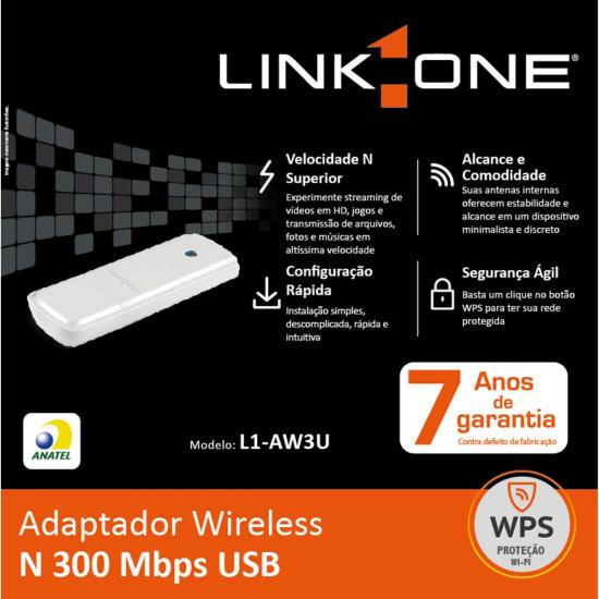 Adaptador Wireless USB 300Mbps L1-AW3U Branco LINK ONE por 0,00 à vista no boleto/pix ou parcele em até 1x sem juros. Compre na loja Mundomax!