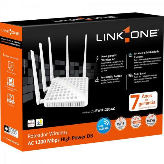 Roteador Wireless 1200Mbps AC1200 L1-RWH1235AC Branco LINK ONE por 0,00 à vista no boleto/pix ou parcele em até 1x sem juros. Compre na loja Mundomax!
