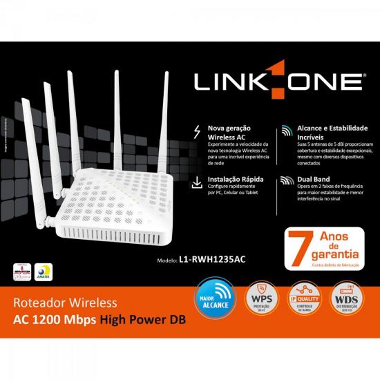 Roteador Wireless 1200Mbps AC1200 L1-RWH1235AC Branco LINK ONE por 0,00 à vista no boleto/pix ou parcele em até 1x sem juros. Compre na loja Mundomax!
