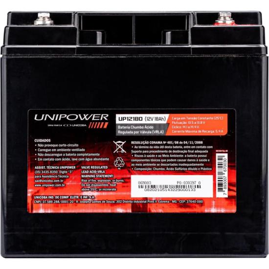 Bateria Estacionária Selada 12V 18Ah VRLA UP12180 Unipower por 350,00 à vista no boleto/pix ou parcele em até 10x sem juros. Compre na loja Mundomax!