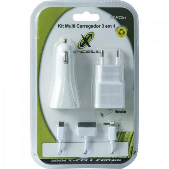 Kit Carregador 3 em 1 Micro USB/Lightning/Doc XC-MC3X1 Branco X-CELL (61622)