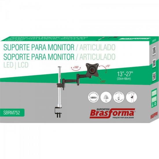 Suporte Articulado P/ Monitor 13\" a 27\" SBRM752 Preto/Prata BRASFORMA por 0,00 à vista no boleto/pix ou parcele em até 1x sem juros. Compre na loja Mundomax!