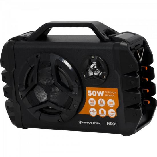 Caixa de Som Portátil 50W Bluetooth/MicroSD/USB/FM HS01 Preta HAYONIK por 0,00 à vista no boleto/pix ou parcele em até 1x sem juros. Compre na loja Mundomax!
