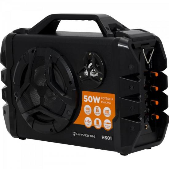 Caixa de Som Portátil 50W Bluetooth/MicroSD/USB/FM HS01 Preta HAYONIK por 0,00 à vista no boleto/pix ou parcele em até 1x sem juros. Compre na loja Mundomax!