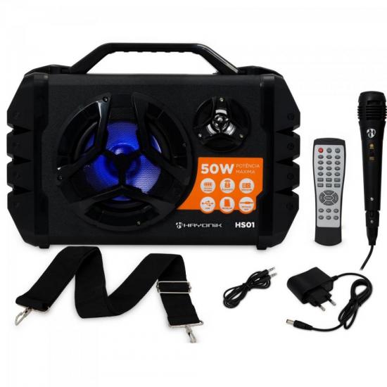Caixa de Som Portátil 50W Bluetooth/MicroSD/USB/FM HS01 Preta HAYONIK por 0,00 à vista no boleto/pix ou parcele em até 1x sem juros. Compre na loja Mundomax!