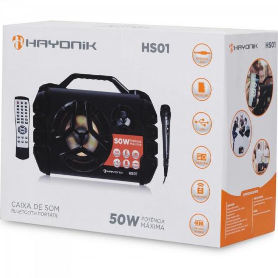 Caixa de Som Portátil 50W Bluetooth/MicroSD/USB/FM HS01 Preta HAYONIK por 0,00 à vista no boleto/pix ou parcele em até 1x sem juros. Compre na loja Mundomax!