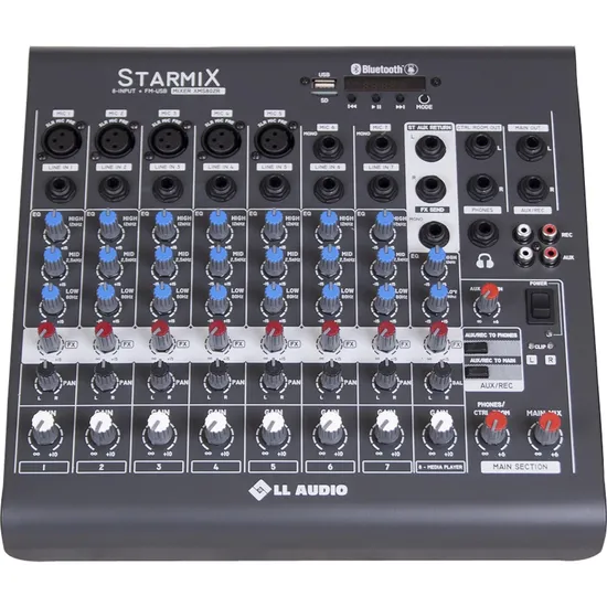 Mesa de Som 8 Canais Stereo Starmix XMS802R Cinza LL AUDIO (62786)