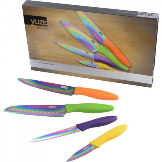 Kit 4 Facas em Aço Inox Revestidas em Titânio YUZE por 0,00 à vista no boleto/pix ou parcele em até 1x sem juros. Compre na loja Mundomax!